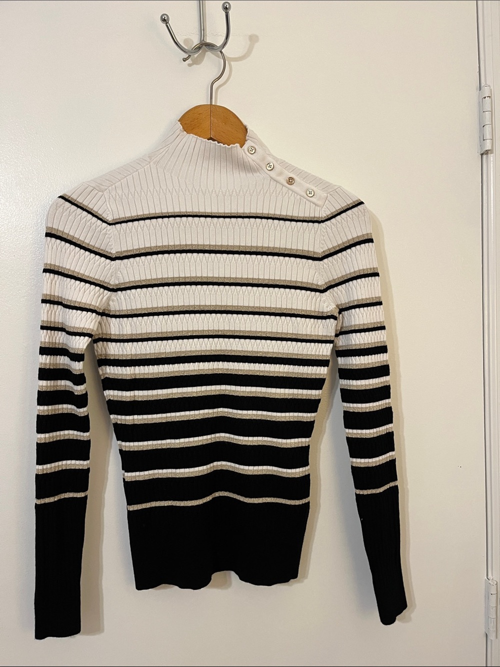 Striped Ribbed Mock Neck Sweater with Shoulder Buttons - Black & White